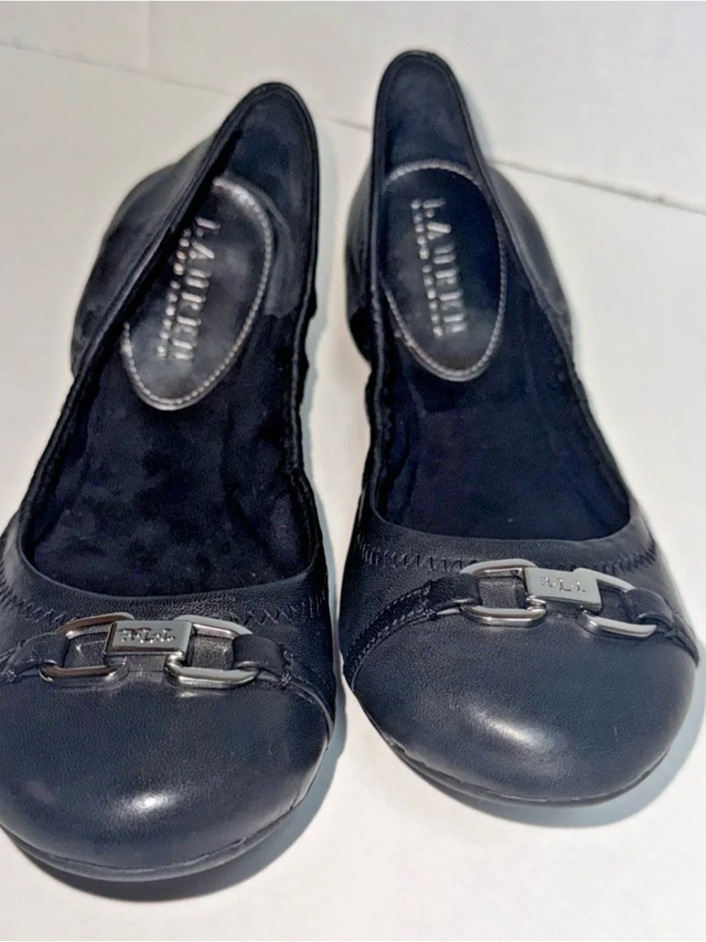Lauren Ralph Lauren Black Leather Ballet Flats with Buckle Accent